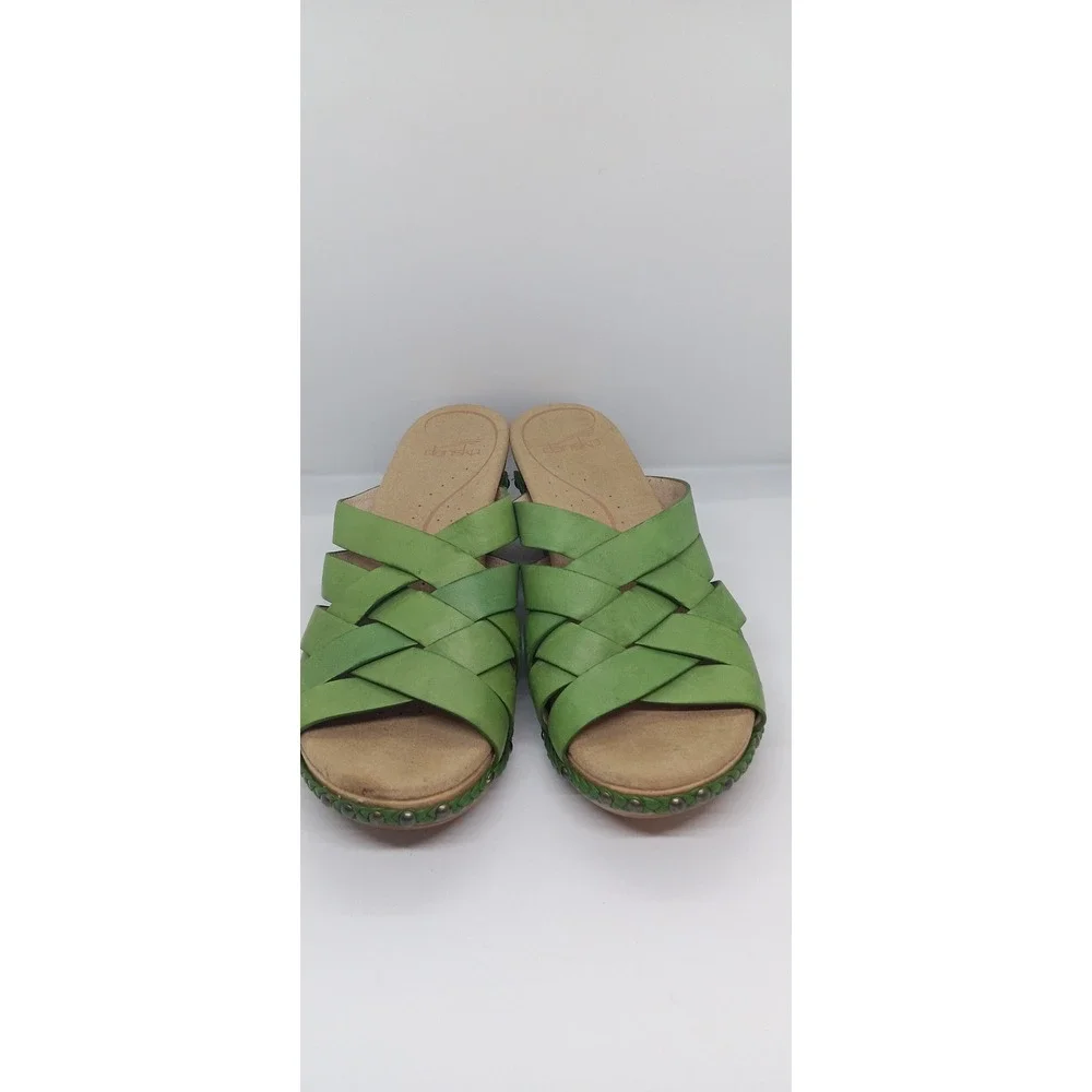 Dansko Women Green Leather Woven Slip On Wooden Wedge Sandals Clogs Size 38